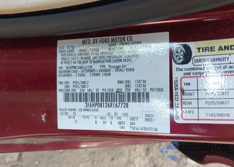 2006 Ford Fusion Sel из США, поврежденный, VIN 3FAHP08126R167728